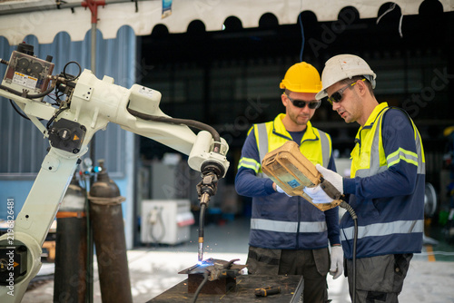 Engineers programming robot arm for industrial welding task