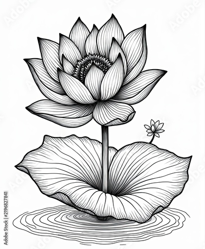Elegant Black and White Lotus Flower Drawing with Large Leaf and Small Flower
