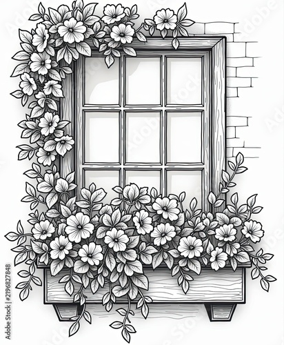 Elegant window with decorative flower arrangement and wooden windowsill design in black and white drawing