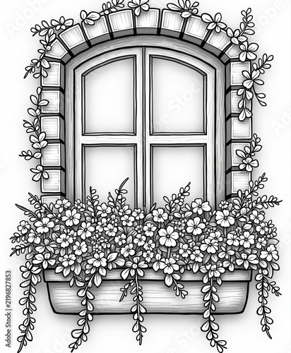 Vintage-style arched window with flower box and decorative border in black and white illustration