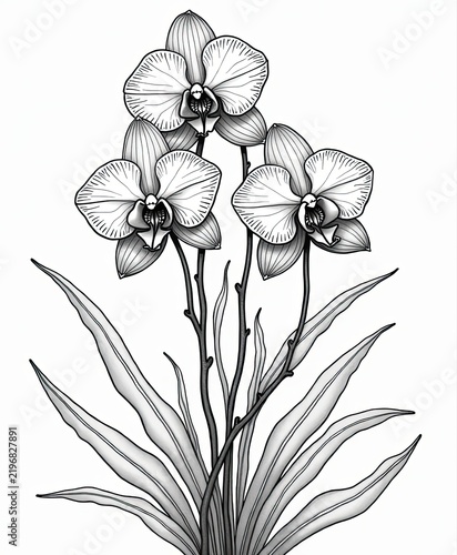 Detailed illustration of blooming orchids with long leaves and stems in black and white