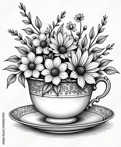 Elegant Black and White Illustration of Flowers in a Decorative Teacup on Saucer