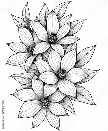 Elegant Black and White Botanical Drawing of Poinsettia Flowers with Detailed Leafway Layout