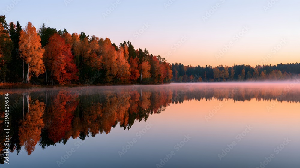 Obraz premium Vibrant autumn foliage reflecting in calm mirrorlike lake water at sunrise