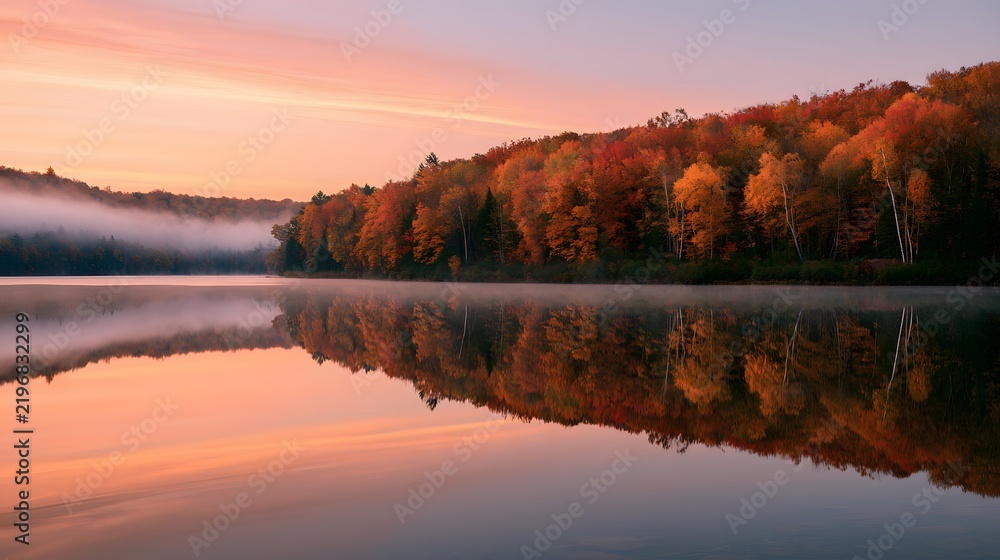 Obraz premium Serene lake with autumn trees and morning mist reflecting on smooth water under pink sky