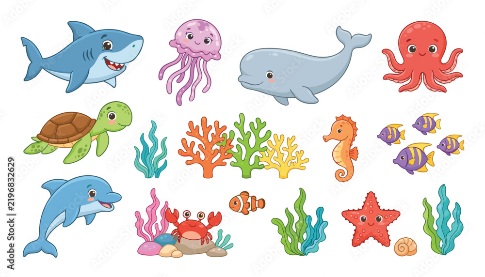 Obraz premium Cute cartoon sea animals vector set featuring happy ocean creatures shark whale dolphin octopus and turtle isolated on white
