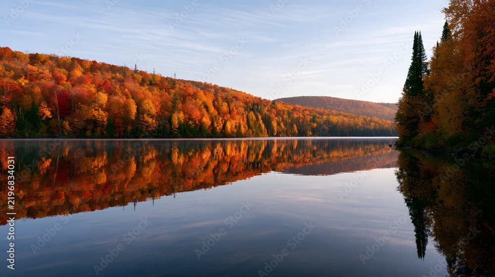 Obraz premium Calm lake surrounded by vibrant autumn forest with stunning tree reflections at sunrise