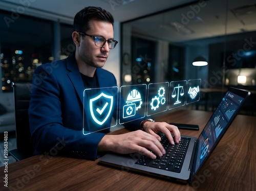 Businessman Working on Laptop with Holographic Corporate Compliance and Risk Management Icons in Modern Night Office
