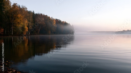 Autumn forest on the lake shore in the morning mist