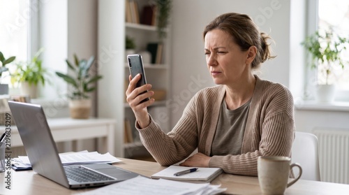 presbyopia woman stress fatigue concept. Frustrated woman using smartphone at home office desk.