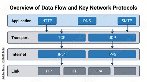 Overview diagram of data flow and key network protocols outlines hierarchical architecture connecting application transport internet and link layers clearly.