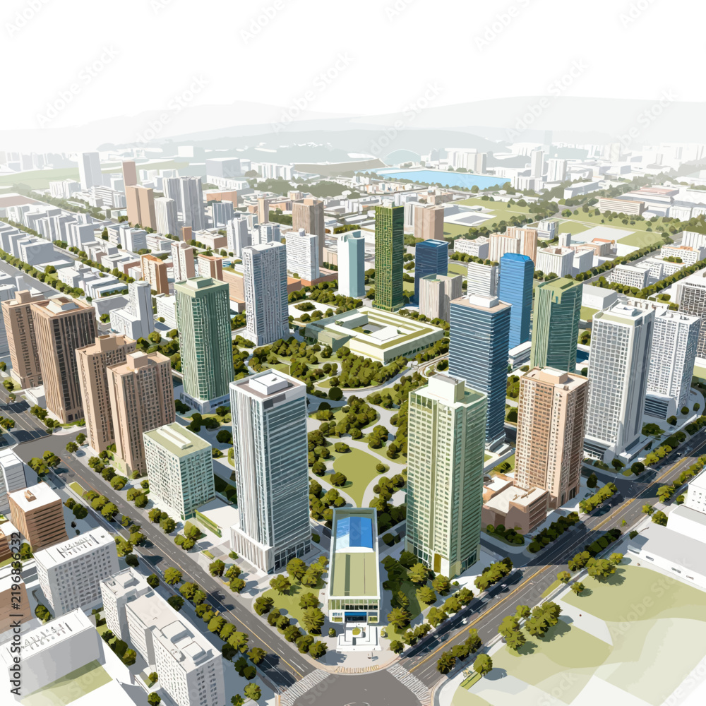 Fototapeta premium Aerial View of a Modern High-Rise Cityscape with Skyscrapers, Green Urban Parks, Wide Boulevards, and Planned Urban Infrastructure under Bright Daylight in a Digital 3D Rendering