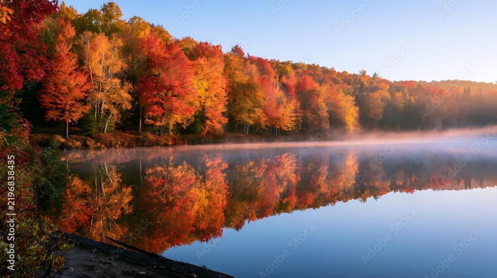 Obraz premium Autumn forest with colorful foliage reflecting on a calm lake with morning mist