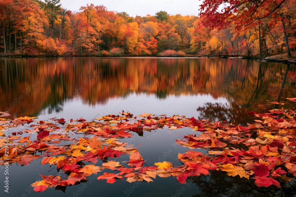 Obraz premium Red and orange autumn foliage floating on a reflective forest lake