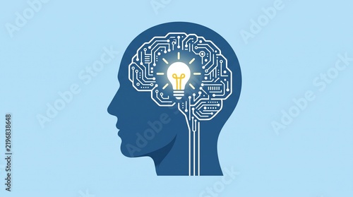 Artificial intelligence and machine learning concept, human head profile with digital circuit board brain and glowing lightbulb