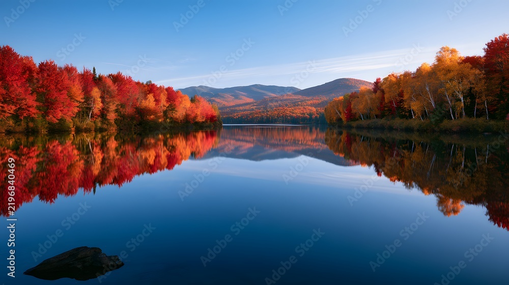 Obraz premium Idyllic autumn landscape with vibrant red and golden trees reflecting in a calm lake, framed by distant mountains