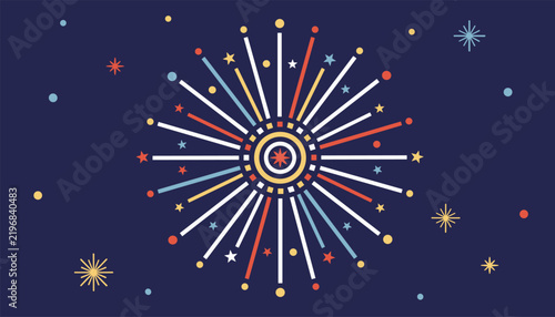 Stylized colorful firework burst graphic celebrating holidays and festivals on a dark blue starry night background.