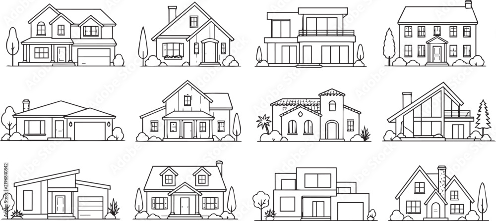 Obraz premium House icons set featuring various architectural styles in line art