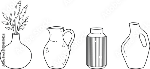 Minimalist Ceramic Vase Line Icon Set Vector Illustration with Modern Pottery Jugs and Dried Botanical Fluffy Leaves Isolated on White Background