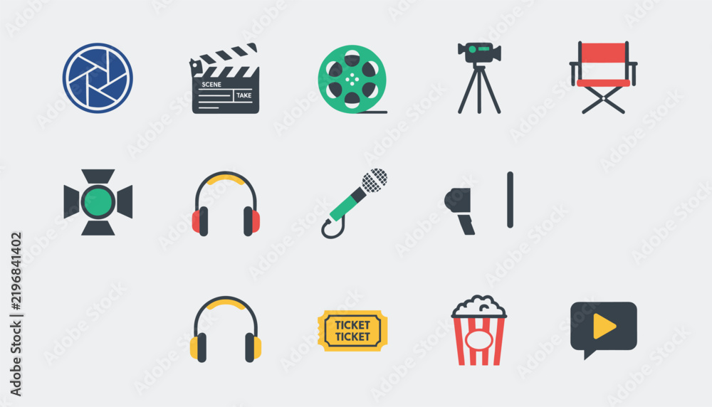 Fototapeta premium Film production and cinema equipment flat icons set showing camera lens, clapperboard, film roll, microphone, and ticket.