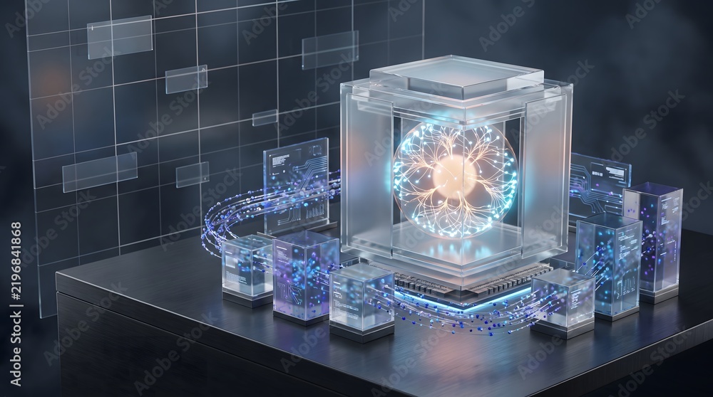 Fototapeta premium Futuristic artificial intelligence network with glowing neural core, transparent data cubes and digital technology infrastructure