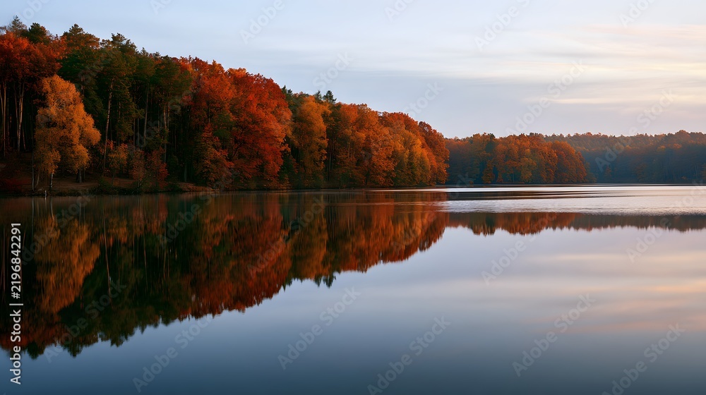 Obraz premium Autumn landscape with colorful trees along the calm lake shore during a crisp morning sunrise
