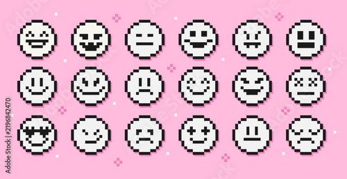 A set of pixelated emotions. 8-bit stickers of happy, angry, sad, and smiling emoji. Brutalism design, y2k aesthetics
