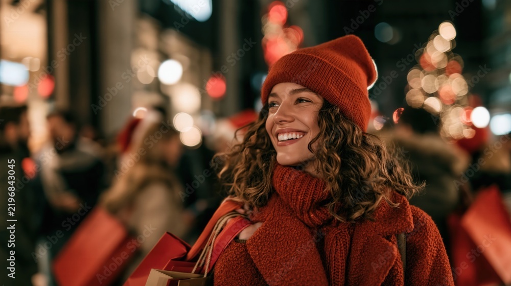 Fototapeta premium Happy Woman with Christmas Shopping Bags in a Modern District