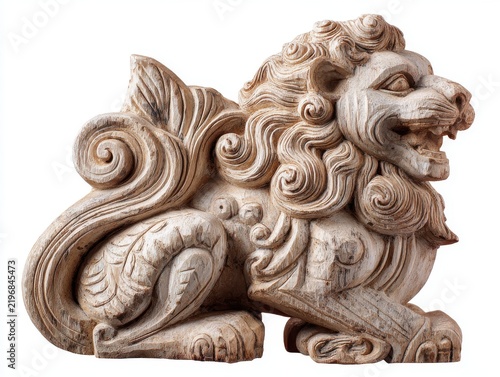 Intricately Carved Stone Lion Guardian Statue Isolated On White Background
