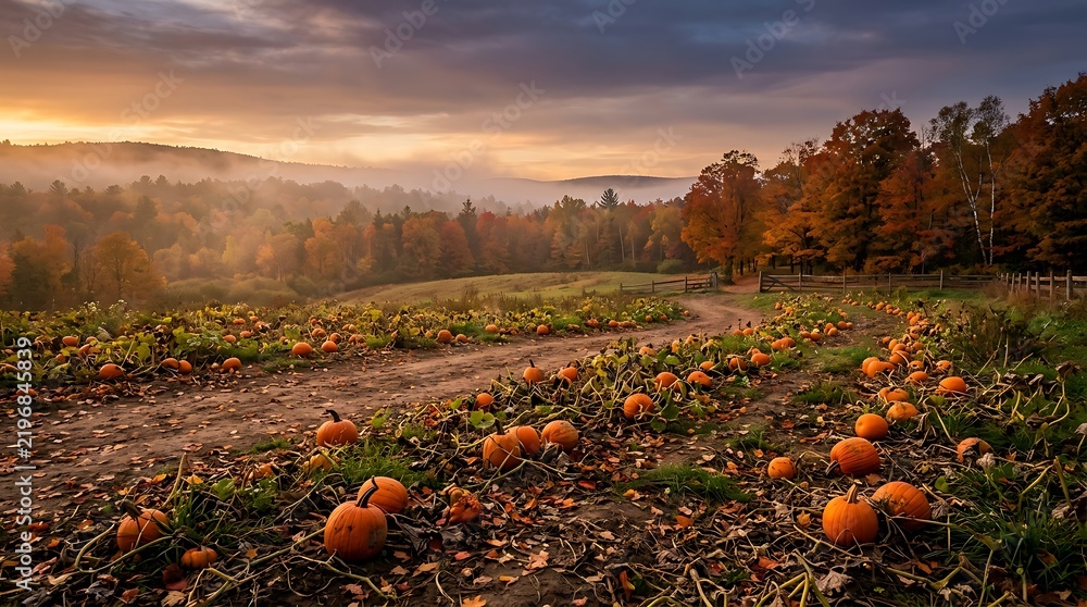 Obraz premium Vast pumpkin patch in rural landscape during golden autumn sunset hour.
