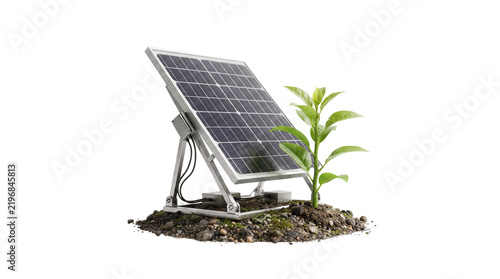 Modern solar panel standing beside small green plant on dirt