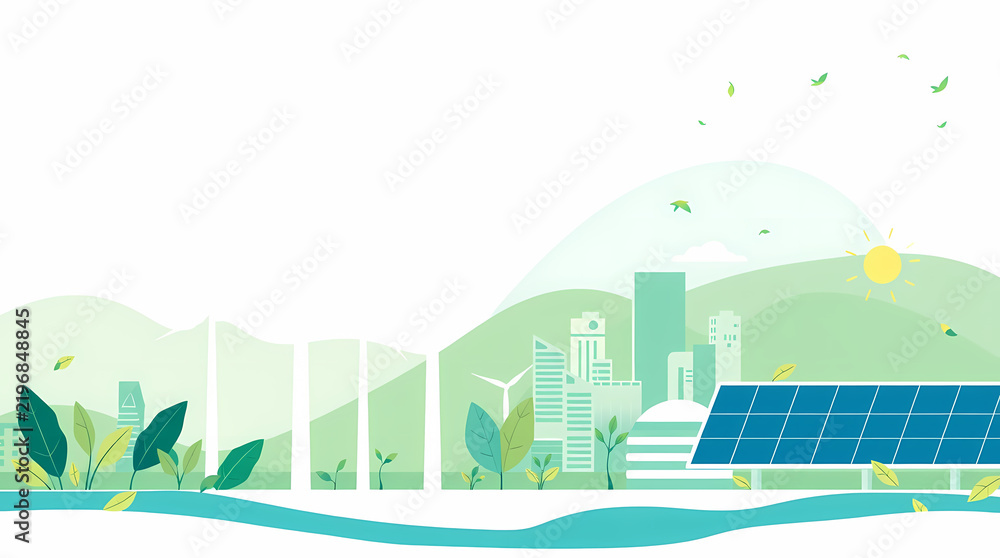 Obraz premium Vibrant illustration of a sustainable urban landscape featuring green energy solutions like solar panels and wind turbines.