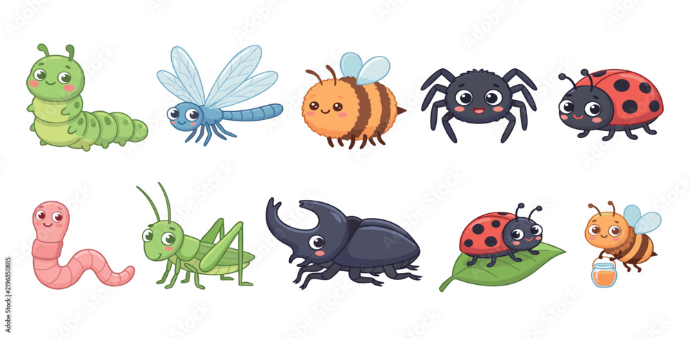 Obraz premium Insect background. Kid scene with bugs. Natural field scenery in grass with funny ladybug, spider, bee, worm, ant, caterpillar, dragonfly. Vector cute child insects concept