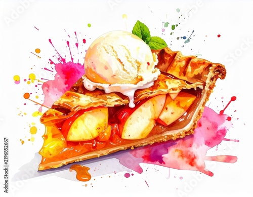 Watercolor illustration of apple pie with caramel
