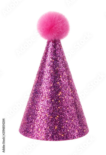 Glamorous pink glitter party hat with fluffy pom pom top isolated on clear background