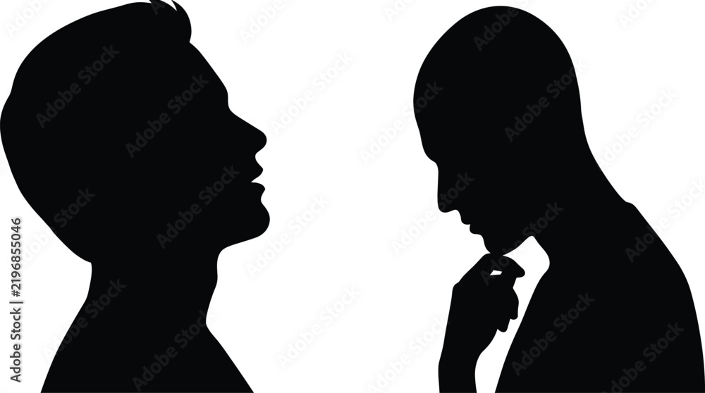 Fototapeta premium Solid black silhouettes of human heads facing each other representing dialogue and communication concept