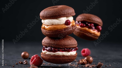Delicious chocolate desserts with creamy filling and fruit toppings on a dark background for culinary and food photography