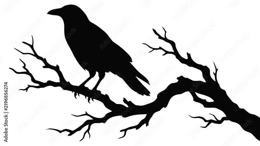 Fototapeta premium Silhouette Black Raven Bird Perched on Dead Tree Branch Graphic Element