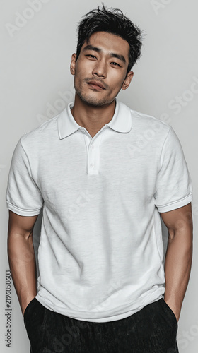 Handsome Young Asian Man In White Polo Shirt Standing Hands In Pockets Studio