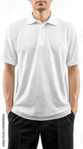 Asian Man Standing In White Polo Shirt And Black Pants Studio Apparel Mockup