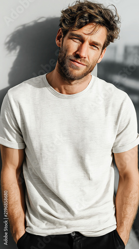 Handsome Man In White T Shirt Leaning Against Wall With Hands In Pockets