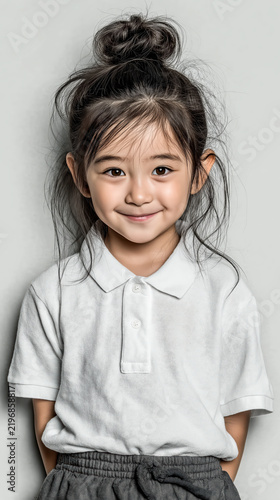 Adorable Asian Girl In White Polo Shirt Standing Smiling In Studio Portrait