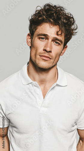 Young Man Wearing White Polo Shirt Standing Posing In Studio