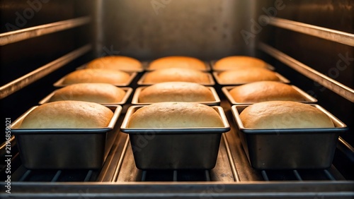 Fresh golden loaves of bread baking inside rows of metallic pans in a hot commercial bakery oven