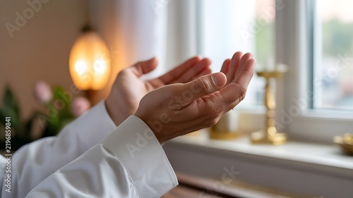 Manos abiertas en gesto de oración, súplica o agradecimiento cerca de una ventana iluminada con luz natural