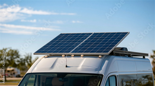 Solar panels charging on the roof of a parked camper van. AI gen