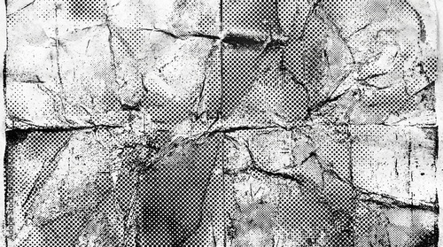 Distressed background wallpaper with high contrast black halftone dot pattern on crumpled wrinkled white paper texture for creative retro poster graphic design overlay printing backdrop