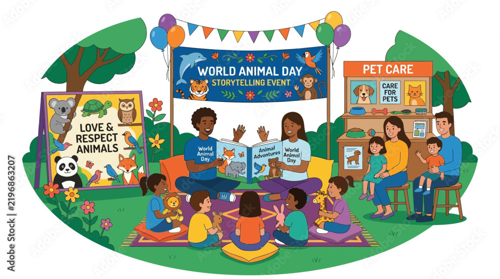 Fototapeta premium World Animal Day Storytelling Event: Diverse Children Learn About Animals Outdoors