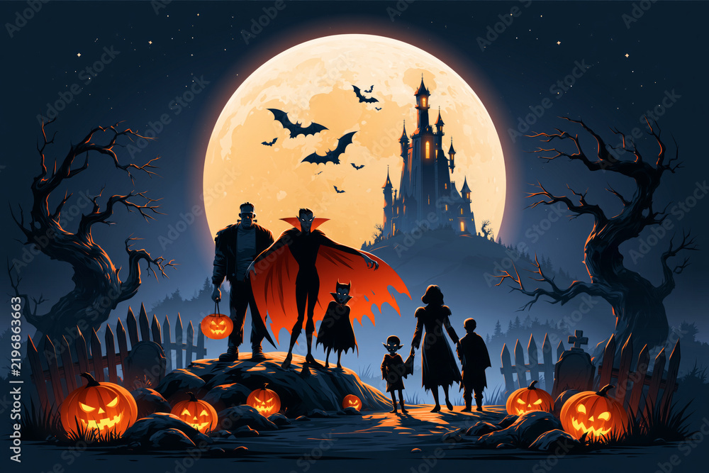 Fototapeta premium Children trick-or-treating in costumes on path with full moon, castle and pumpkins