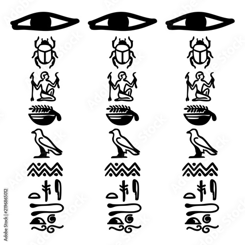 Ancient Egyptian hieroglyphic symbols set with sacred eye scarab beetle and bird
